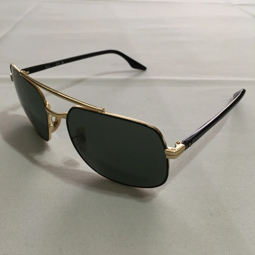 Ray-Ban Sunglasses Mens Large Black Gold Square Double Bridge Aviator